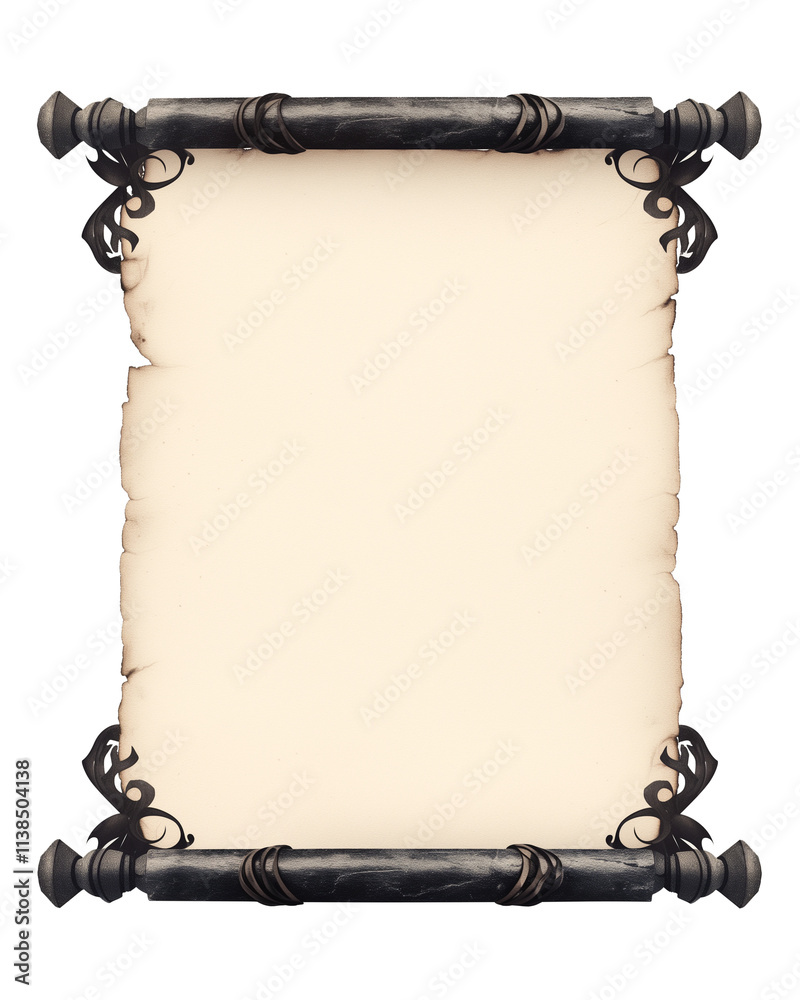 Poster ancient scroll with ornate frame isolated on white background, featuring burnt edges and intricate d