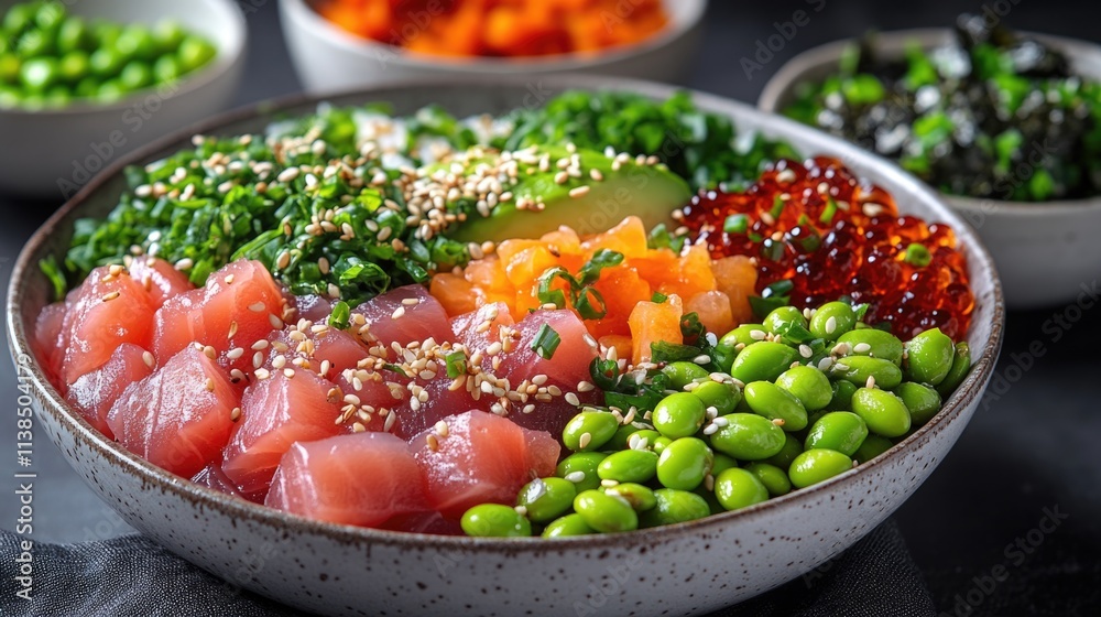 Poster a colorful and abundant food bowl filled with various dishes, perfect for use in editorial or commer