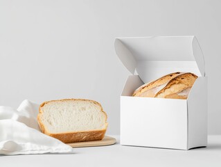 A loaf of freshly baked bread displayed in a white takeout box with a slice cut out, showcasing its soft texture and crusty exterior.