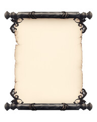 Ancient scroll with ornate frame isolated on white background, featuring burnt edges and intricate details, perfect for historical or fantasy themes