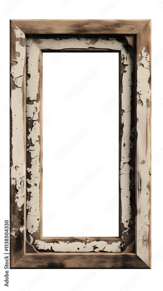 Poster distressed wood photo frame with rustic, vintage look, isolated on white background. frame features 