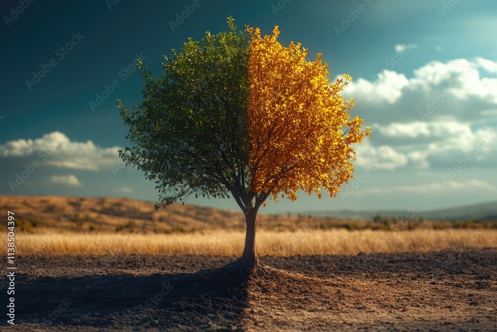 Poster a single tree standing alone in a green field against a clear blue sky