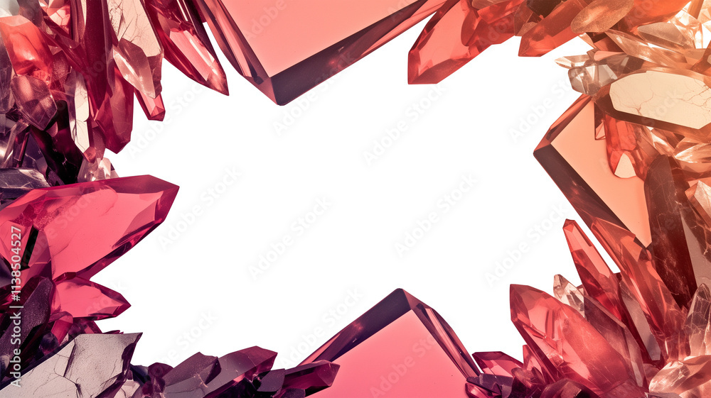 Poster vibrant arrangement of red and pink crystals forms striking frame on white background, creating captivating and elegant visual. geometric shapes and translucent textures add depth and intrigue