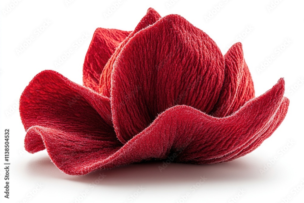 Poster a close-up view of a single red flower on a white background