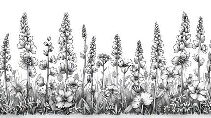 Monochrome floral border with lupines, poppies, and wildflowers. (1)