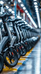 Urban Mobility Revolution: Sleek and Modern Electric Scooters Awaiting Deployment in a Bright, High-Tech Production Facility, Reflecting Future Transportation Solutions