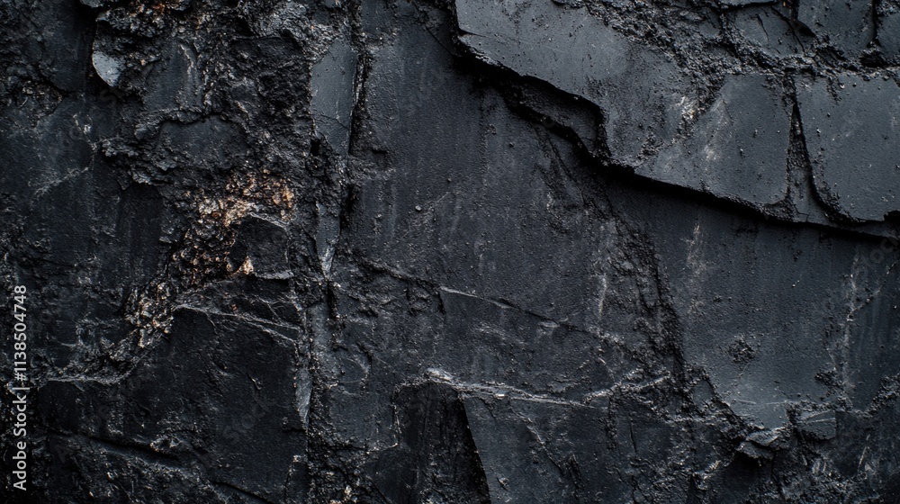 Poster a detailed view of a dark rock surface with rough texture and crevices