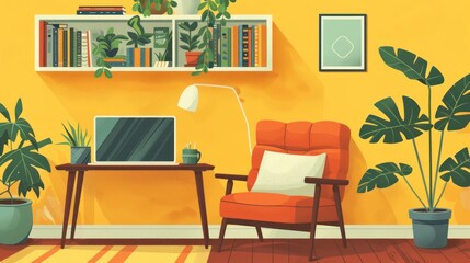 Cozy home office with plants, laptop, armchair.