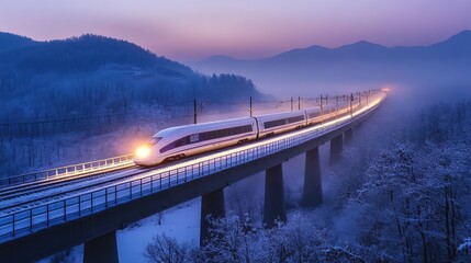 Obraz premium A high-speed train crossing a snowy bridge at dusk, with the soft glow of the train headlights illuminating the white landscape around it