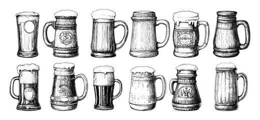 Beer mug engraving vector set. Foamy ale carved tankard etched bar pub beverages vessels, anniversary party holiday hand drawn drinking accessory isolated vectors on white background