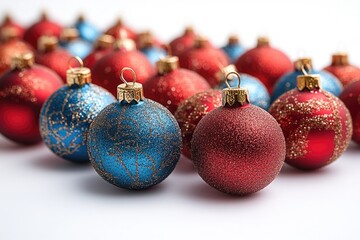 A collection of red and blue ornaments hung on a tree or wall for Christmas decoration, suitable for holiday marketing materials