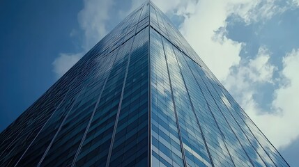 Modern Glass Skyscraper Reaching Towards the Blue Sky with Reflection of Clouds and Light in the Windows Showcasing Architectural Design and Urban Landscape