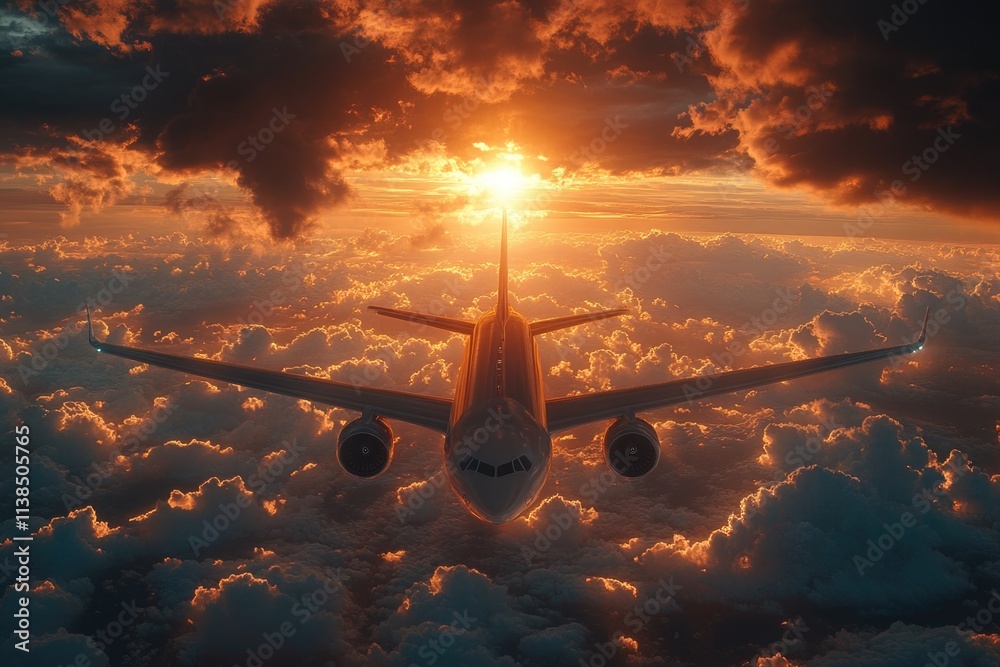 Poster an airplane flies through a cloudy sky as the sun sets in the background