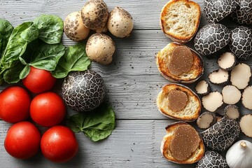 Delicious bruschettas with truffle sauce on grey table, flat lay. Space for text , isolated on white background,  , copy space, copy space for text,