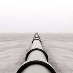 Monochrome fine art image of an oil and gas storage facility infrastructure with large steel pipes stretching across the landscape