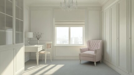 Fototapeta premium Elegant light bedroom with armchair, desk, and built-in closets.