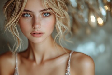 Portrait of a woman with blonde hair and blue eyes, looking directly at the camera