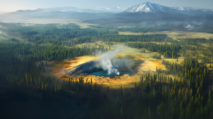 Aerial view of geothermal hot spring in forest, volcanic crater emitting steam, natural landscape, Yellowstone-like thermal feature, scenic wilderness, and geothermal activity