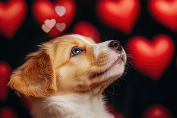 A cute puppy gazing up at a background filled with hearts, perfect for Valentine's Day or any romantic occasion