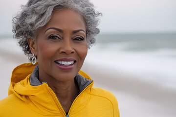 Healthy senior Black woman wearing a bright yellow jacket walking on an out of focus beach in early morning