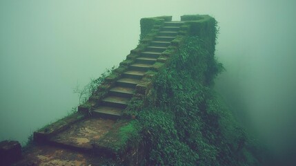 Misty mountaintop stone staircase.