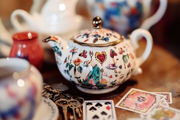 A table set up for a tea party with a teapot and cards