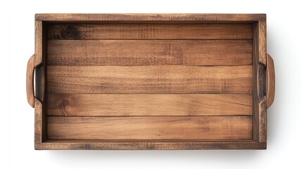Wooden serving tray with handles, isolated on white background.