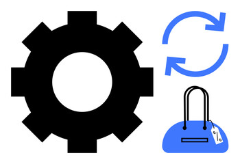 Black gear, blue refresh arrows, and blue handbag with black handle. Ideal for technology, shopping, retail, updates, cycles refresh innovation. Line metaphor