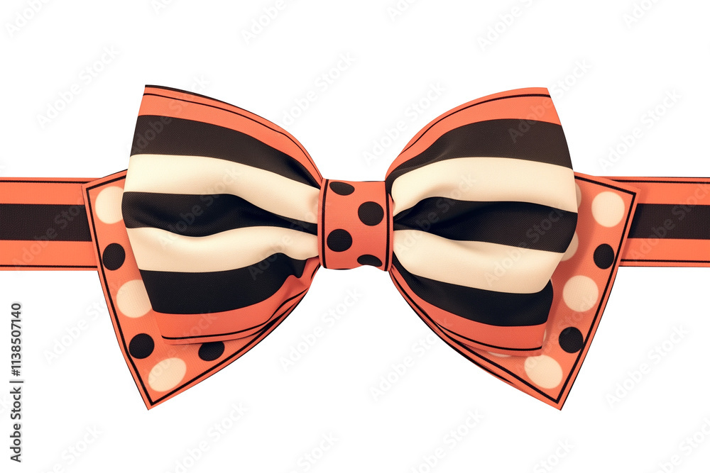 Poster vibrant horizontal ribbon with polka dot bow isolated on white background, featuring bold stripes an