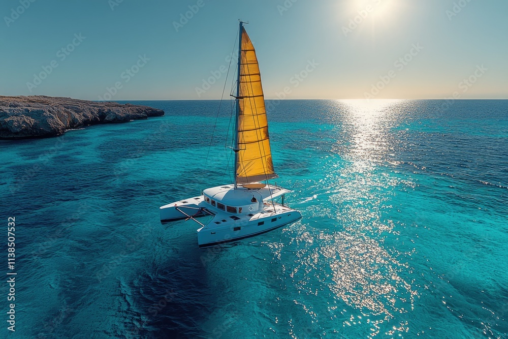 Poster A catamaran sailing through calm waters of the open ocean