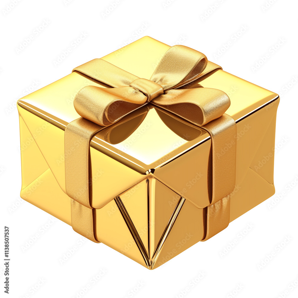Poster shiny gold gift box with luxurious ribbon is isolated on white background, creating elegant and fest
