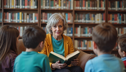 Fototapeta premium Elderly woman reading a book to children in a library setting 