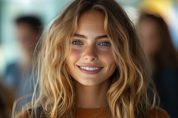Obraz premium A happy woman with long blonde hair smiling directly into the camera lens