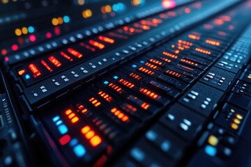 Close-up of a keyboard lit by many colorful lights