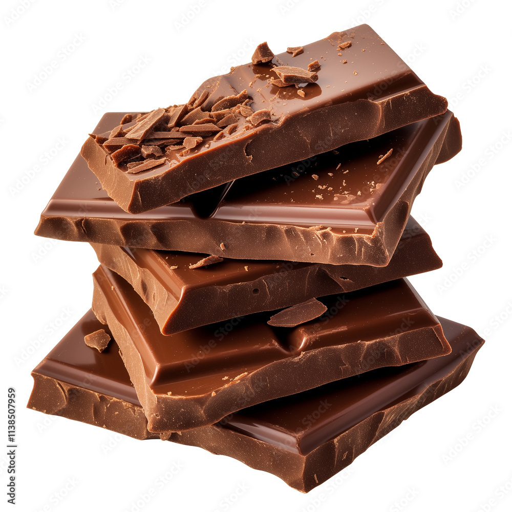 Poster Stack of rich chocolate bark with smooth texture and scattered shavings, isolated on white background. Perfect for dessert lovers and culinary presentations