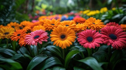A vibrant display of colorful flowers in a lush garden setting.