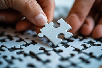 A person places a piece of a puzzle into place