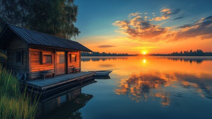 Obraz premium Serene sunset over a tranquil lake with a wooden cabin and a small boat.