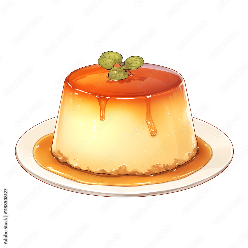 Poster delicious caramel flan with glossy caramel topping sits on white plate, isolated on white background