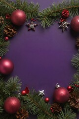 A purple background with a Christmas tree and a frame of red and green leaves