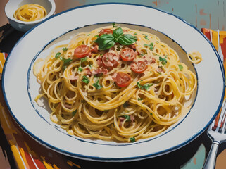 spaghetti carbonara with basil and tomatoes vector illustration