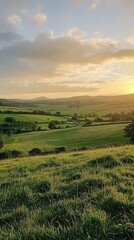 Serene Sunset Over Rolling Green Hills with Soft Clouds and Golden Light, Invoking a Peaceful Rural Landscape in the Countryside