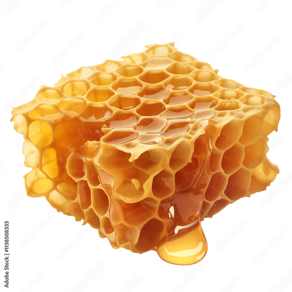 Aufkleber golden honeycomb dripping with sweet honey, isolated on white background. hexagonal structure is vib
