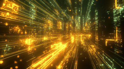 A Futuristic Digital Cityscape Glowing with Golden Light Streams