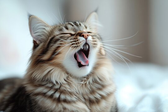A close-up shot of a cat yawning on a soft bed, perfect for pet-related content or as a cute illustration