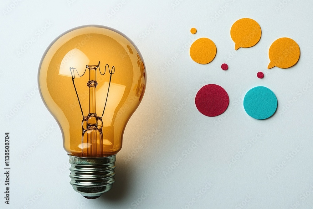 Poster a light bulb sits next to a group of speech bubbles, perfect for representing ideas or creativity