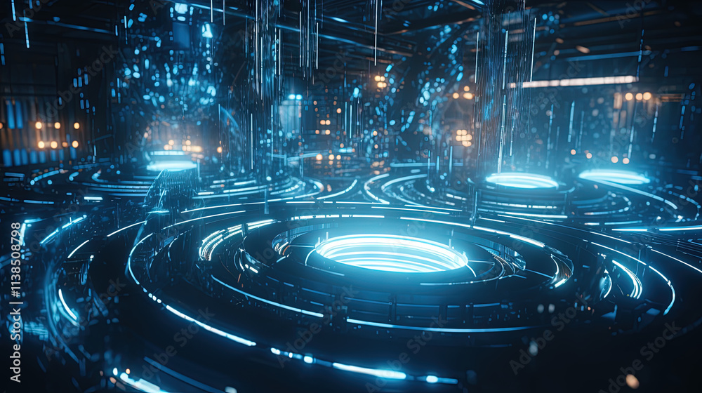 Poster Technology abstract background with hud styled round interface elements in neon tech light.