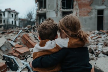 Young siblings in torn sweaters sitting on debris, holding on to each other symbolizing the strength of human connection in times of devastation