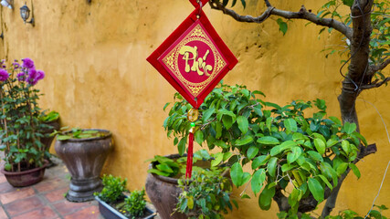 A traditional Vietnamese decorative banner hangs amidst potted plants, celebrating the Lunar New...