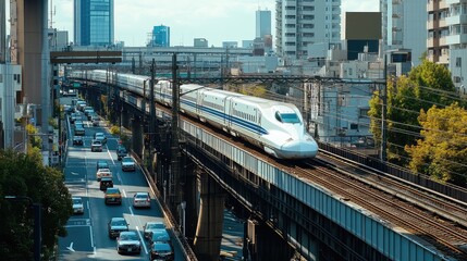 Naklejka premium A high-speed train crossing a steel bridge over a busy highway, with cars below and the train's movement showing its dominance on the tracks